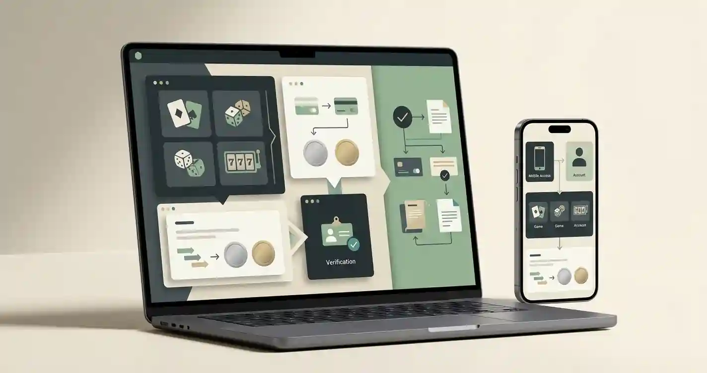 Ilustracja przedstawiająca analizę kasyna online na urządzeniach mobilnych i płatności w PLN