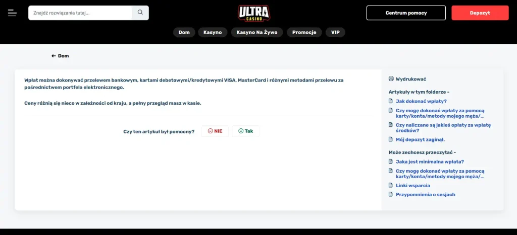 Oficjalna pomoc UltraCasino dotycząca metod depozytu