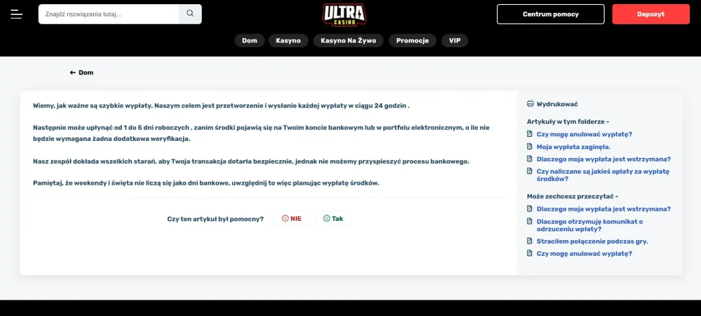 Oficjalna pomoc UltraCasino o czasie realizacji wypłaty