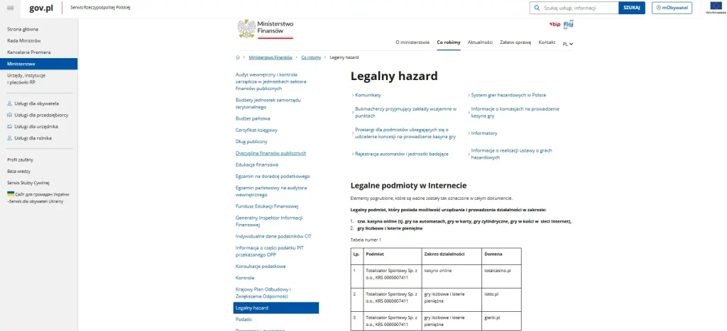 Oficjalna strona Ministerstwa Finansów z listą legalnych podmiotów hazardowych online w Polsce