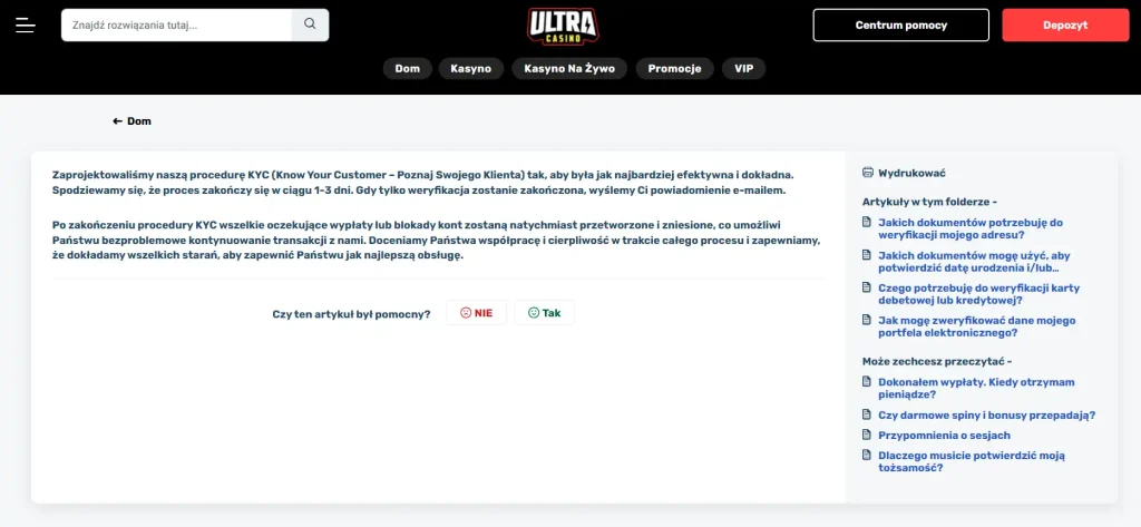 Oficjalny artykuł pomocy UltraCasino dotyczący procesu KYC