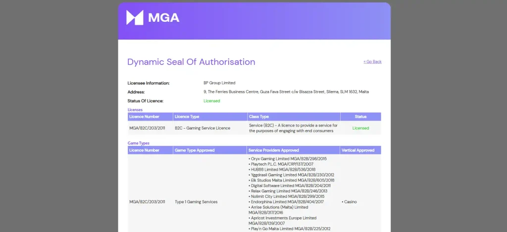 Oficjalny wpis Malta Gaming Authority dla BP Group Limited i domeny UltraCasino